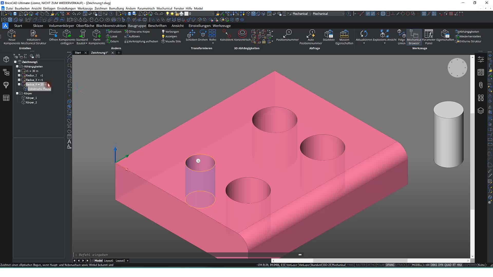 3D-Abhängigkeit Radius 