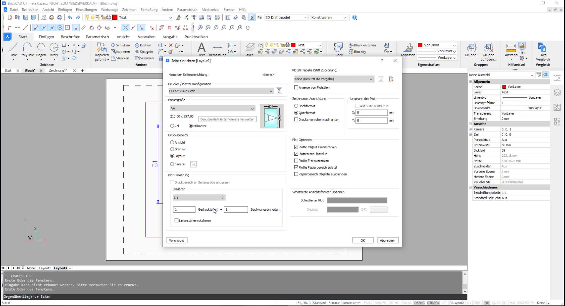 Seiteneinrichtung im Layout